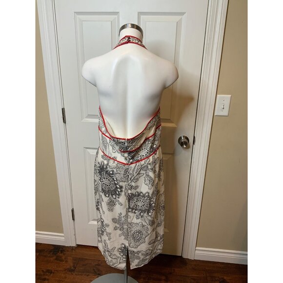 Kay Unger Black & White Floral Geometric Halter Dress W/ Red Piping, Size 12 - Picture 6 of 8